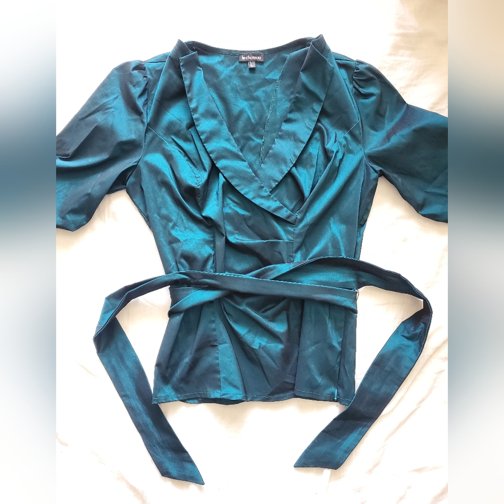 Y2K Le Chateau Vintage Elegant Teal Wrap Top Size XL